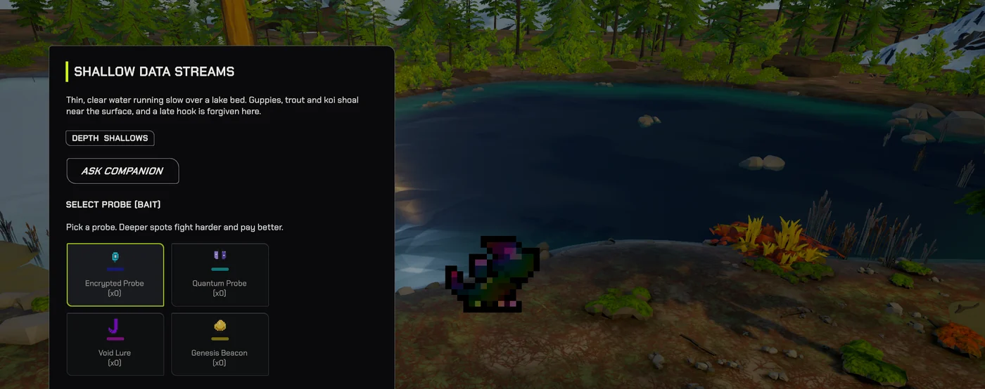 Fishing in the Kraylet RPG: a Kraylet on the lakeshore beside the bait menu