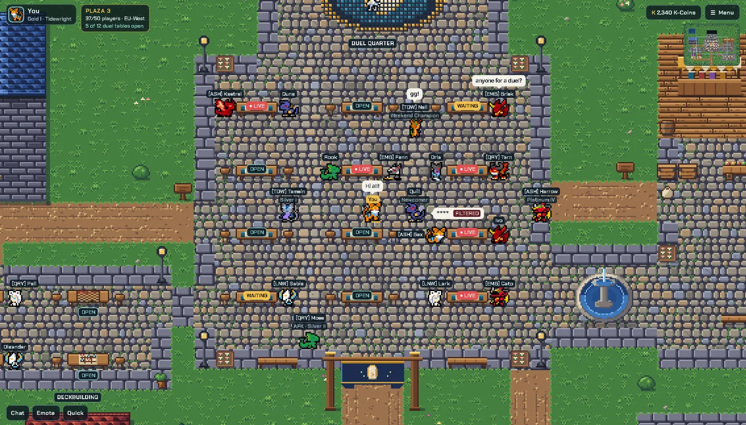 The Kraylet Hub plaza with duel tables and players